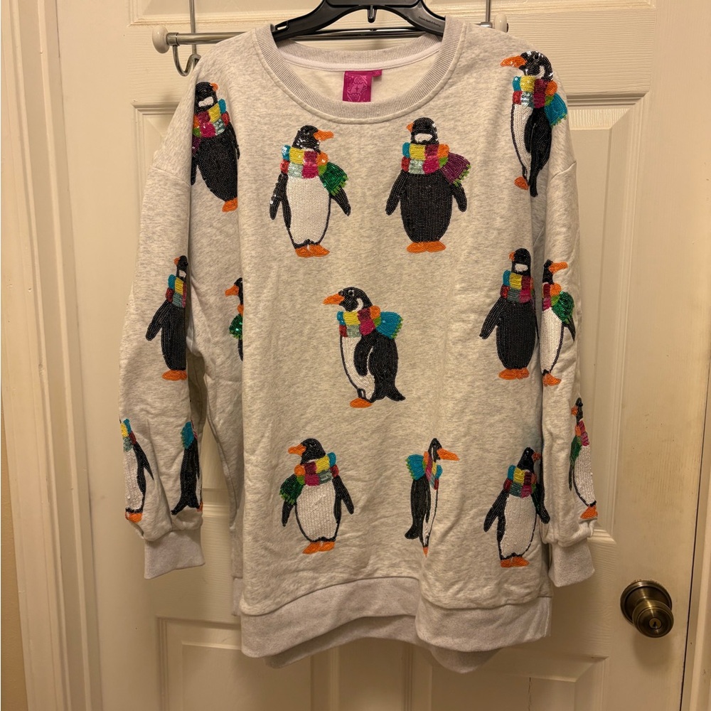 QUEEN OF SPARKLES Penguin Sweatshirt - Multicolor on Gray